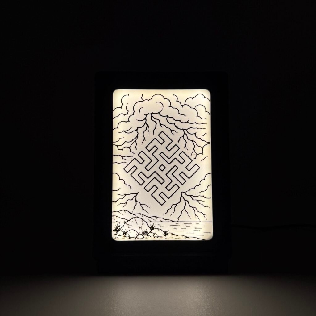Izgaismots Pērkona krusta Line Art attēls tumšā telpā